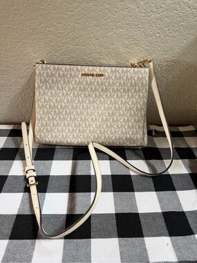 Michael Kors Beige and White Monogram Crossbody
